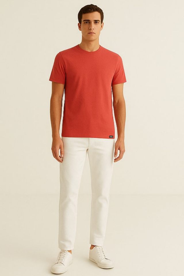 Unisex Nar Çiçeği Rengi Bisiklet Yaka Slim Fit Basic Tişört Nar Çiçeği - L