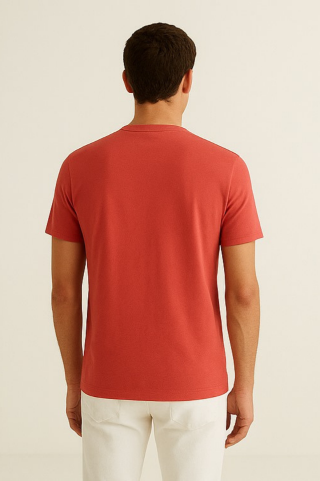 Unisex Nar Çiçeği Rengi Bisiklet Yaka Slim Fit Basic Tişört Nar Çiçeği - L