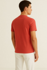 Unisex Nar Çiçeği Rengi Bisiklet Yaka Slim Fit Basic Tişört Nar Çiçeği - L
