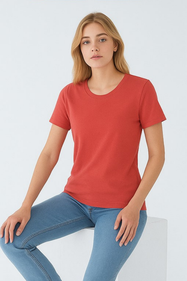 Unisex Nar Çiçeği Rengi Bisiklet Yaka Slim Fit Basic Tişört Nar Çiçeği - L
