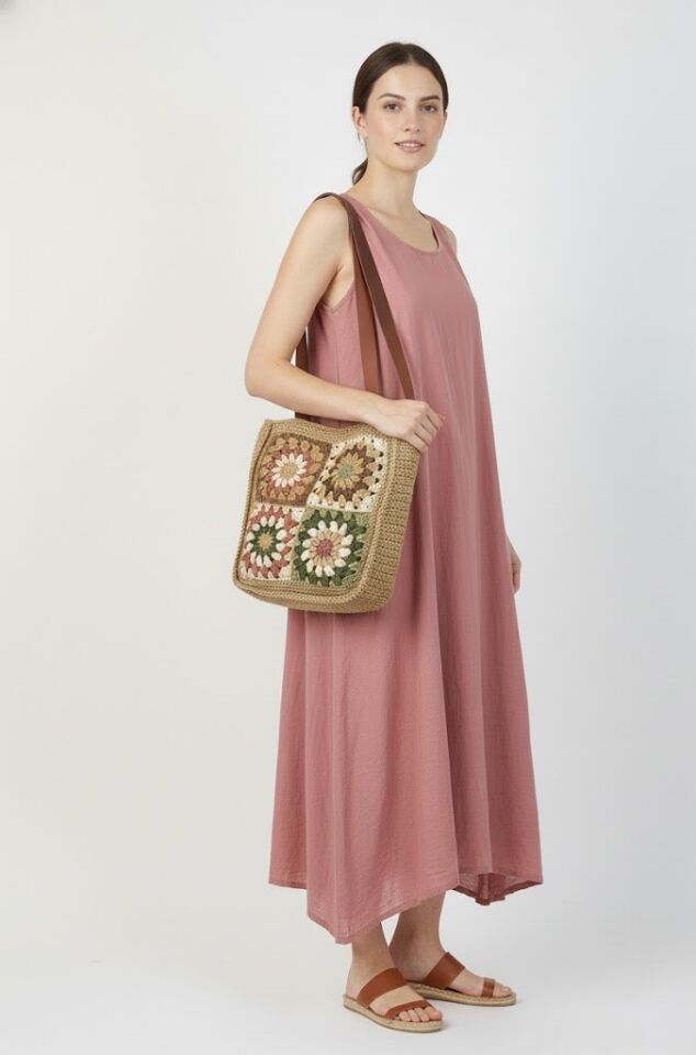 Retro Esintili El Örgüsü Sunburst Motifli Omuz Çantası