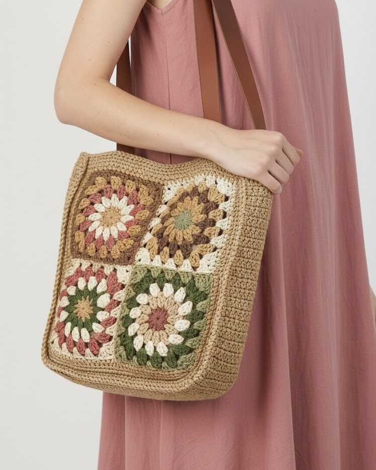 Retro Esintili El Örgüsü Sunburst Motifli Omuz Çantası