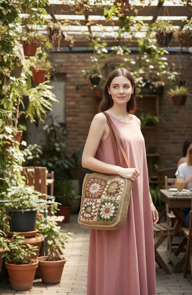 Retro Esintili El Örgüsü Sunburst Motifli Omuz Çantası