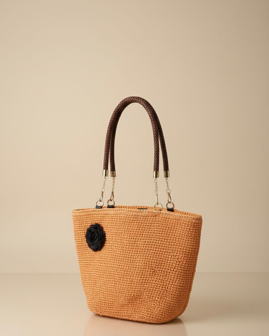 Siyah Gül Detaylı Örgü El ve Omuz Çantası