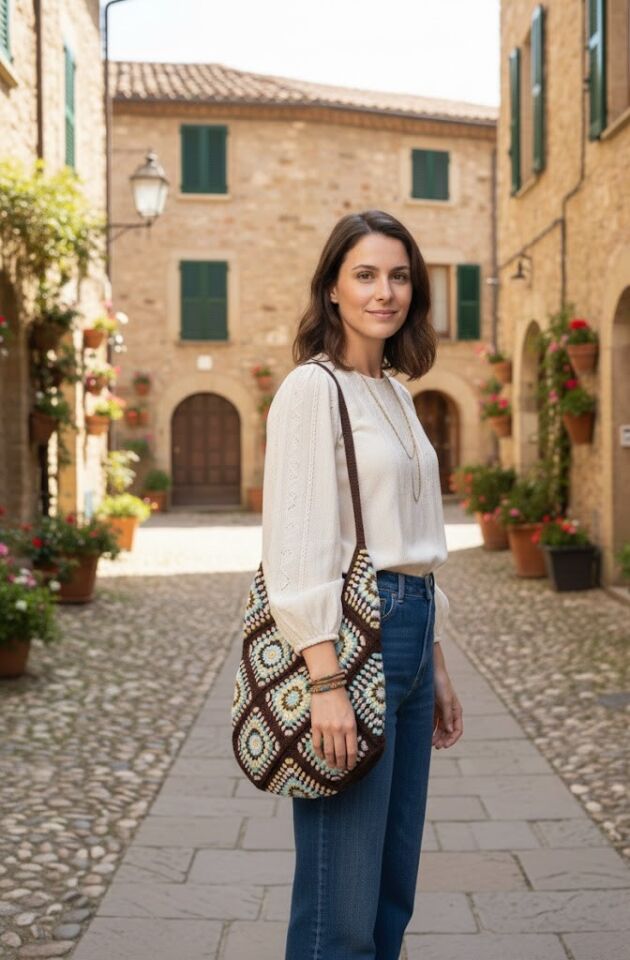 Retro Granny Square El Örgüsü Bohem Hobo Çanta