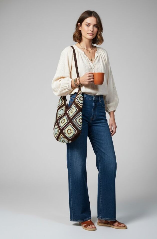 Retro Granny Square El Örgüsü Bohem Hobo Çanta