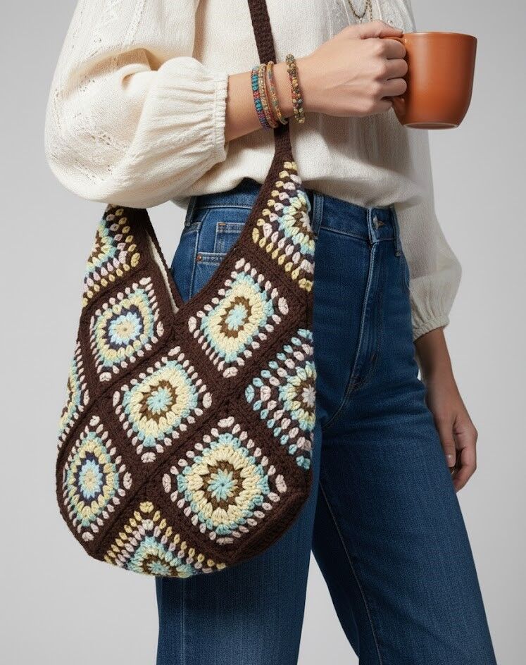 Retro Granny Square El Örgüsü Bohem Hobo Çanta