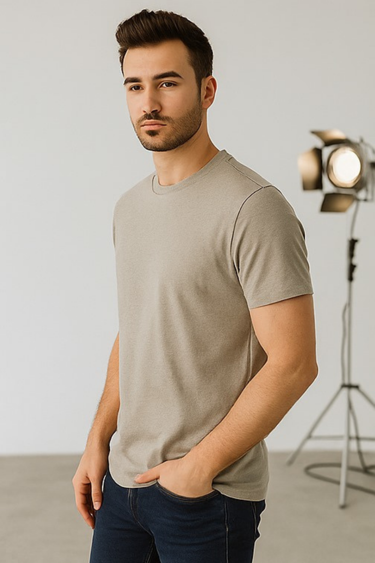 Unisex Nar Çiçeği Rengi Bisiklet Yaka Slim Fit Basic Tişört Haki - L/Xl