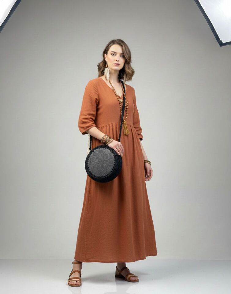 Etnik Desenli Yuvarlak Örgü Omuz Çantası