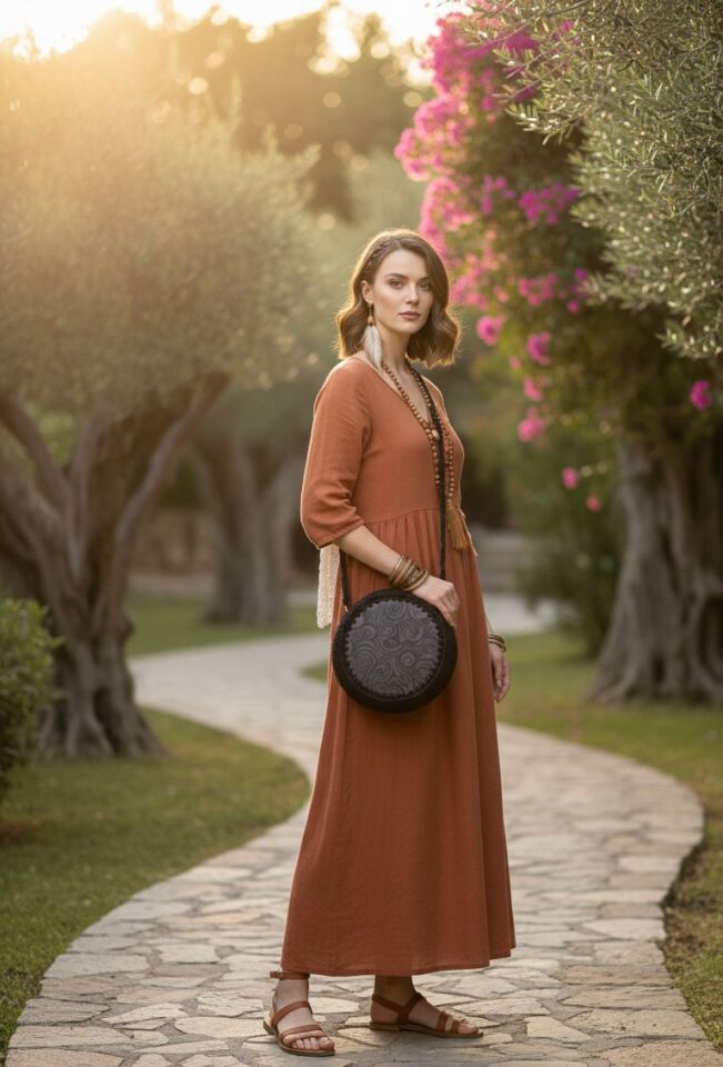 Etnik Desenli Yuvarlak Örgü Omuz Çantası