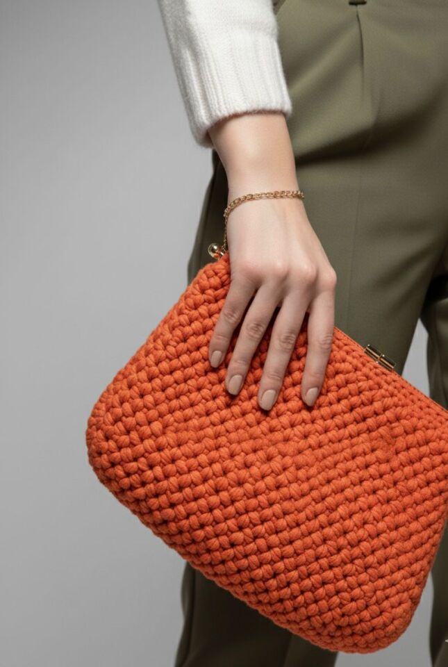 Kiremit Rengi Petek Örgü Portföy Çanta