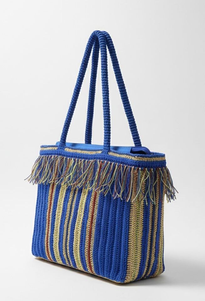 Mavi El Örgüsü Püsküllü Yazlık Çanta
