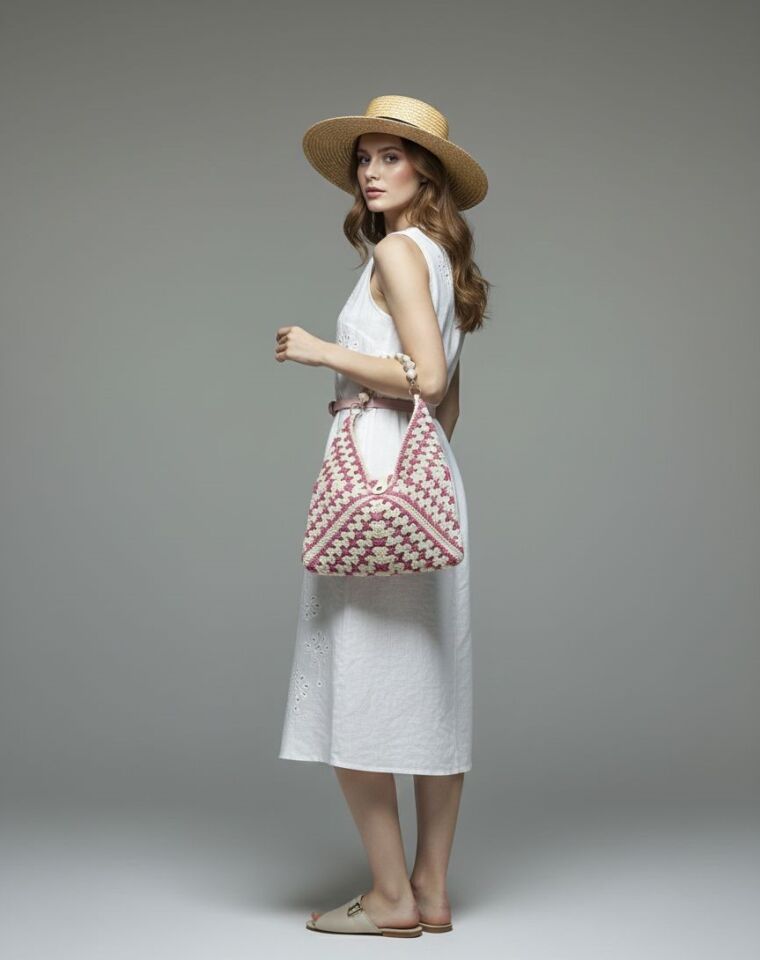 Boncuk Askılı El Örgüsü Pembe Omuz Çantası