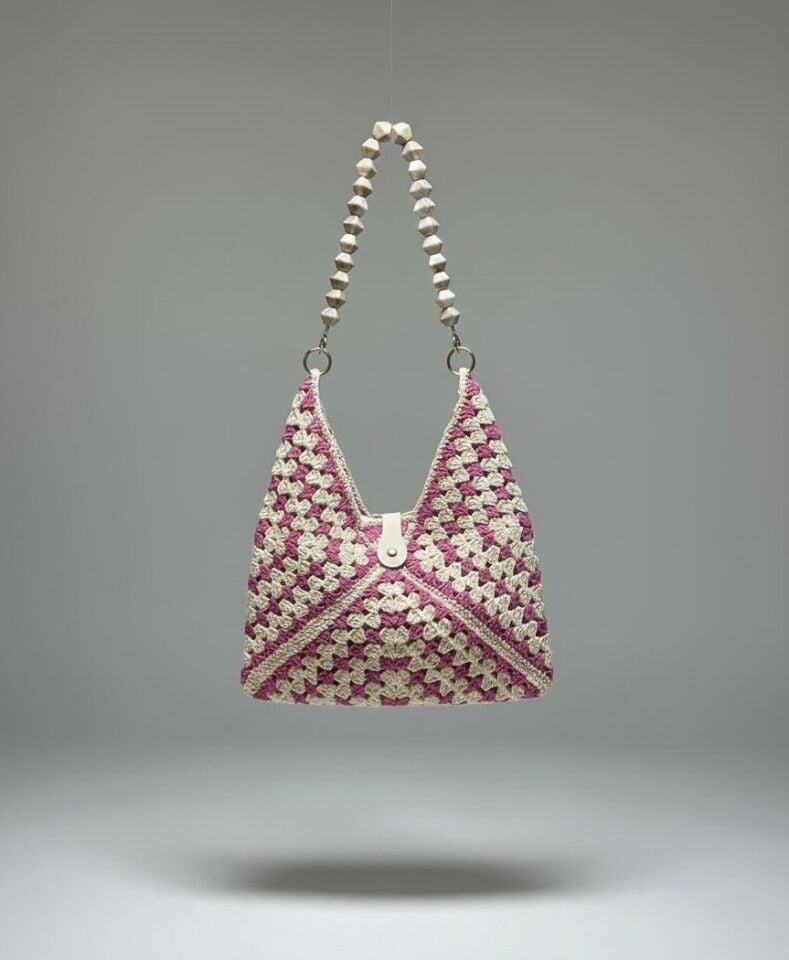 Boncuk Askılı El Örgüsü Pembe Omuz Çantası