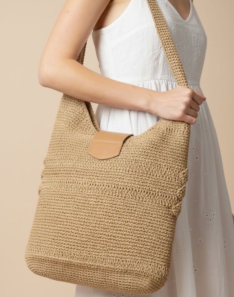 Deri Detaylı Bohem Örme Omuz Çantası