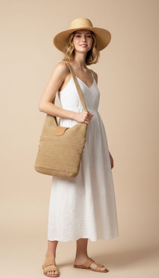 Deri Detaylı Bohem Örme Omuz Çantası