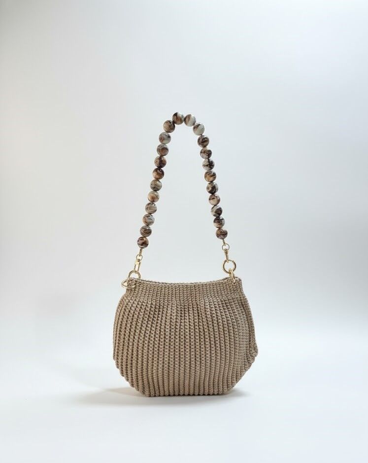 Özel Tasarım Boncuk Saplı Natural Tonlarda El Yapımı Örgü Çanta