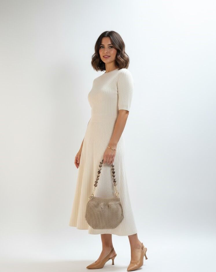 Özel Tasarım Boncuk Saplı Natural Tonlarda El Yapımı Örgü Çanta