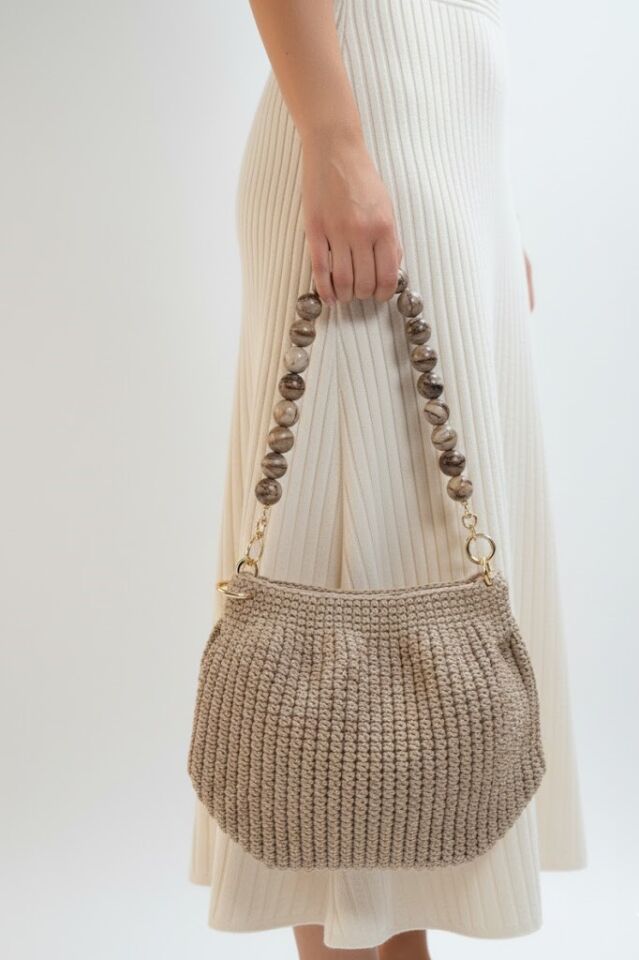 Özel Tasarım Boncuk Saplı Natural Tonlarda El Yapımı Örgü Çanta