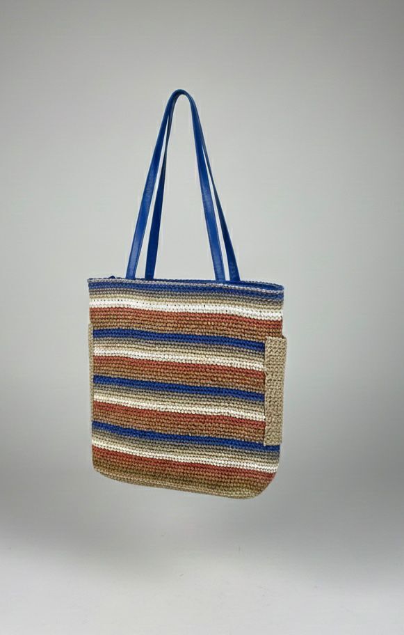 Bohem Stil Renkli Çizgi Desenli Büyük Boy Örgü Tote Çanta