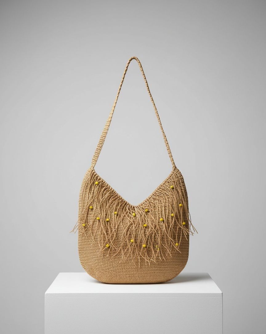 Sarı Boncuk ve Püskül Detaylı Bohem Örgü Hobo Çanta