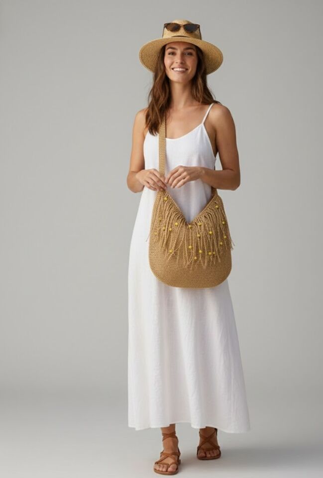 Sarı Boncuk ve Püskül Detaylı Bohem Örgü Hobo Çanta