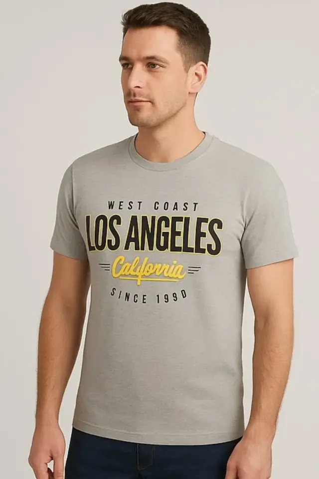 Erkek Haki Los Angeles Yazı Baskılı Tişört Haki - XL
