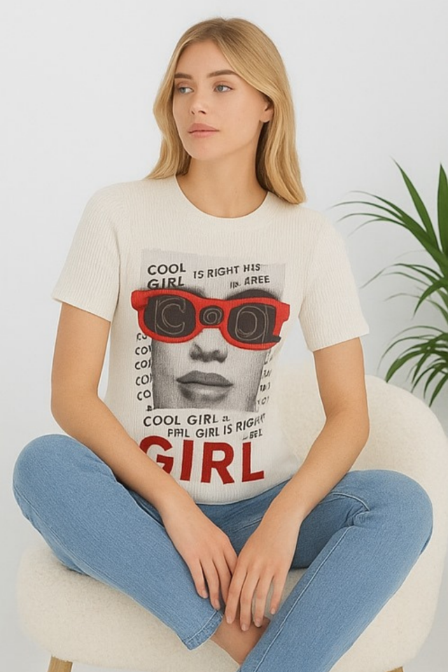Kadın Ekru Cool Girl Yazı Baskılı Tişört T-shirt Beyaz - M/L
