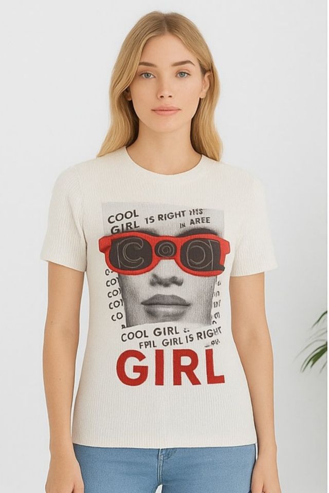 Kadın Ekru Cool Girl Yazı Baskılı Tişört T-shirt Beyaz - M/L