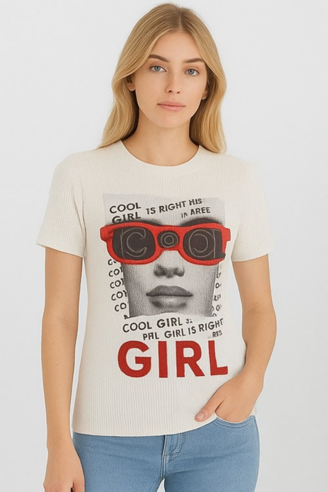 Kadın Ekru Cool Girl Yazı Baskılı Tişört T-shirt Beyaz - M/L
