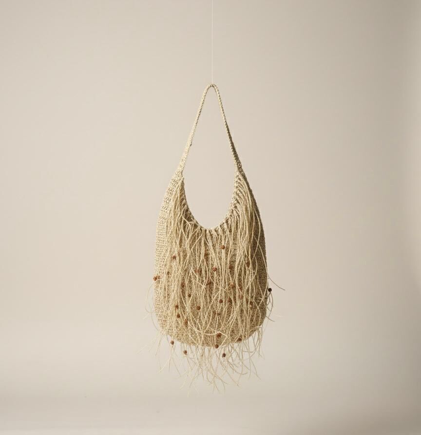Naturel Püskül Detaylı El Örmesi Bohem Hobo Çanta