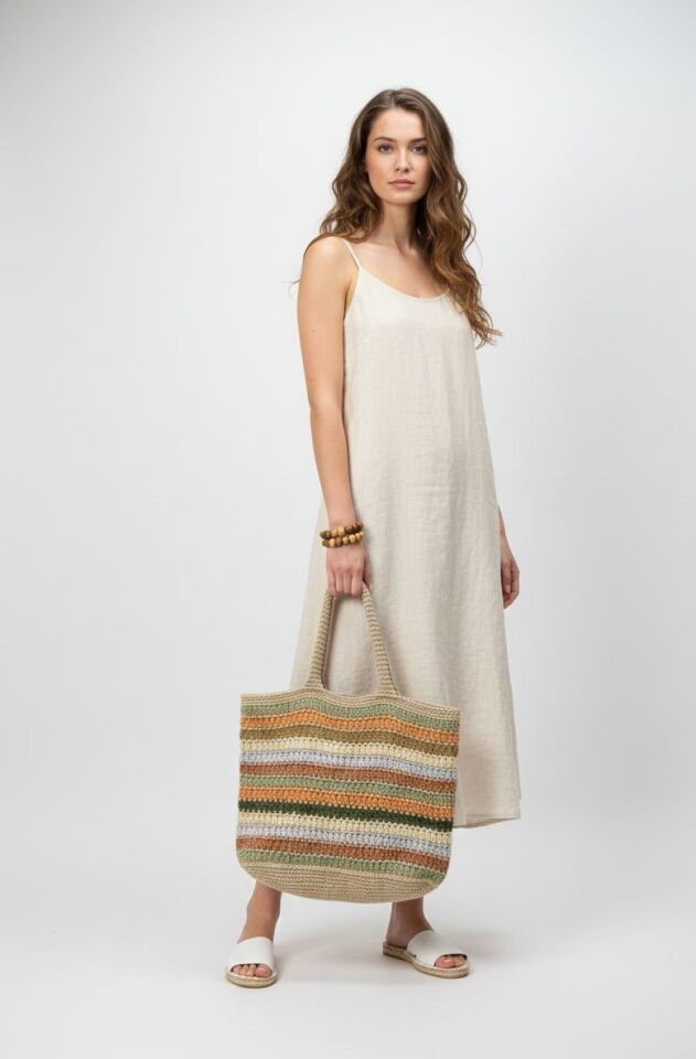 Renkli Çizgili Örgü Tote Çanta
