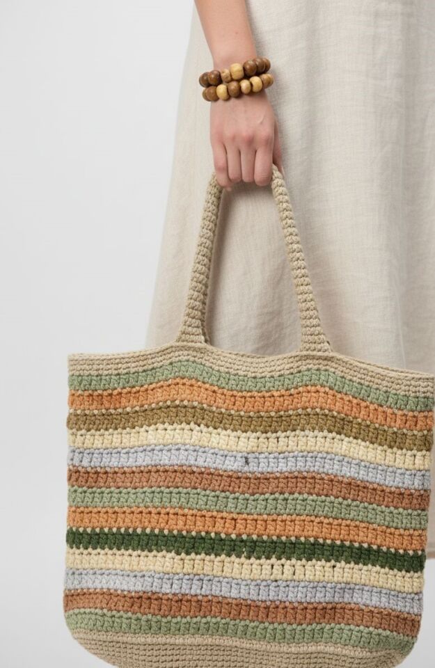 Renkli Çizgili Örgü Tote Çanta