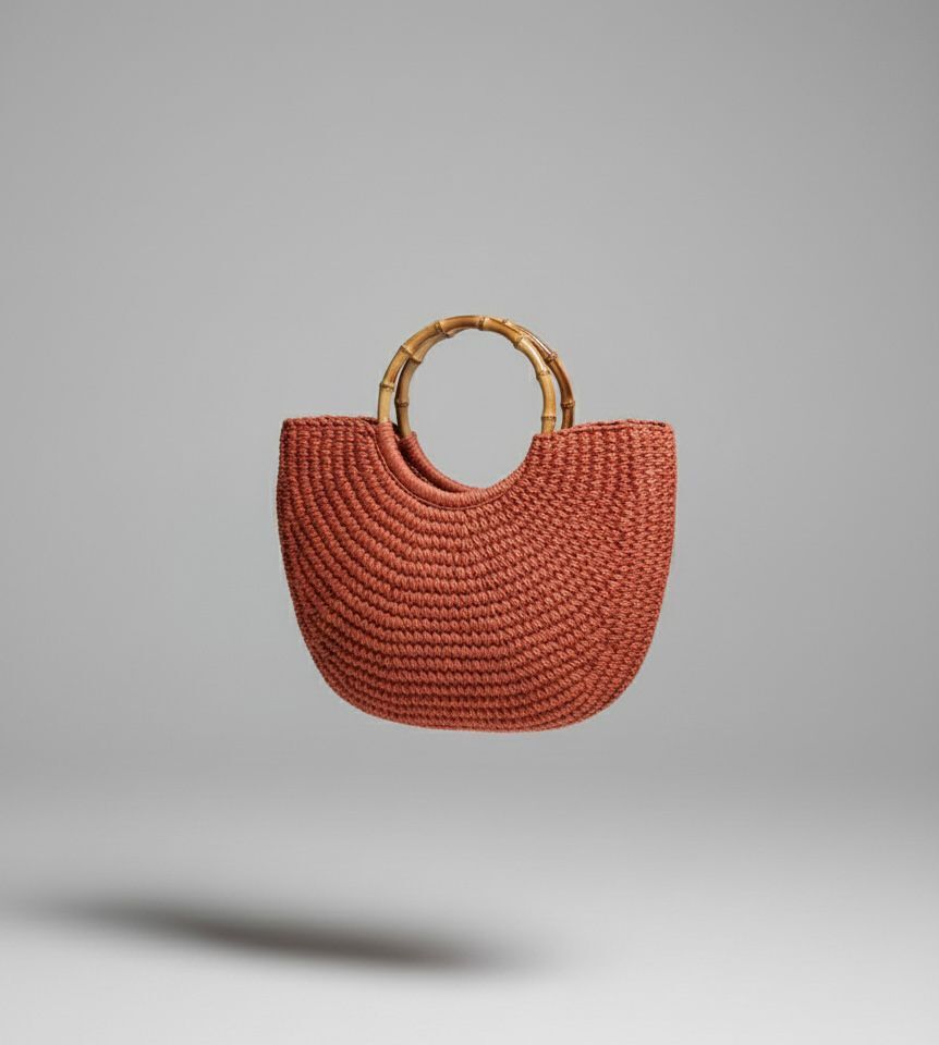 Bambu Saplı Kiremit Rengi El Örgü Çanta