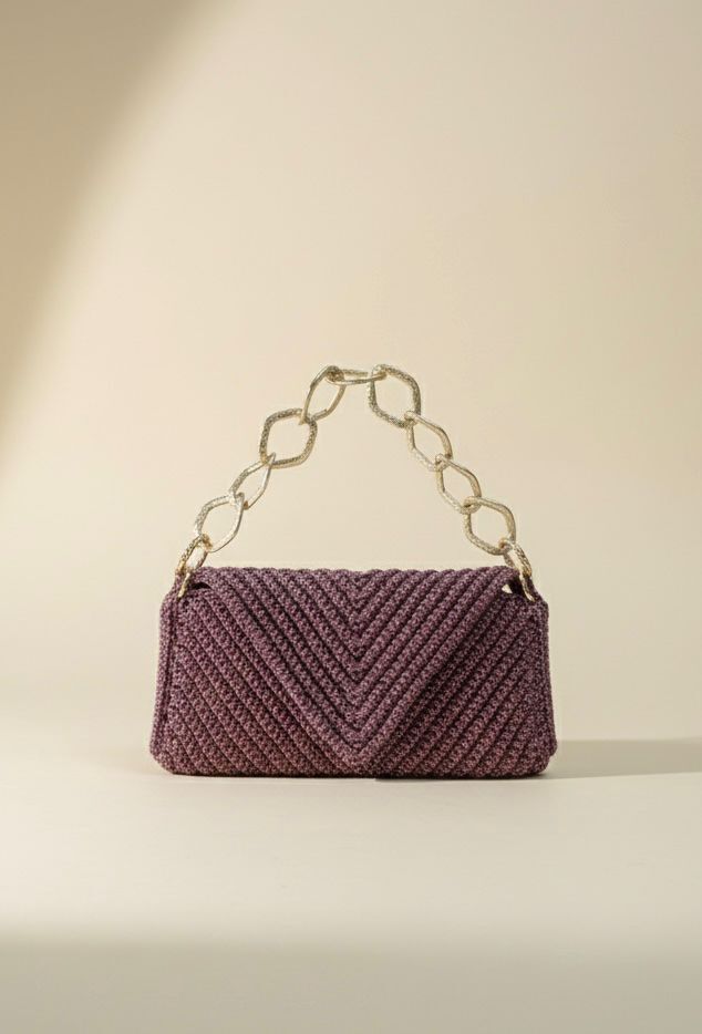 Mürdüm Rengi Zincir Detaylı Örgü Omuz Çantası