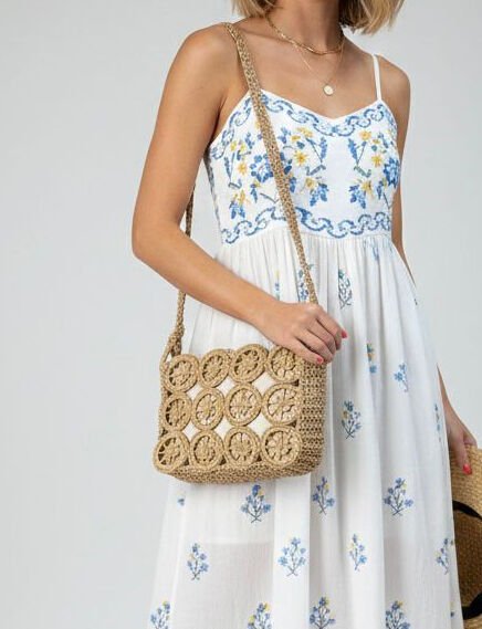 El Örgüsü Motifli Hasır Omuz Çantası