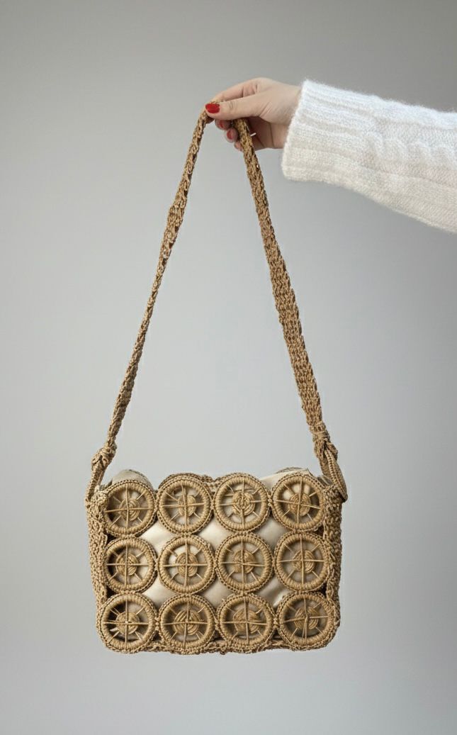 El Örgüsü Motifli Hasır Omuz Çantası