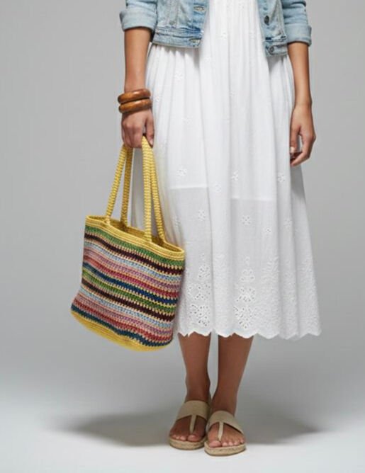 El Örgüsü Renkli Çizgili Shopper Çanta