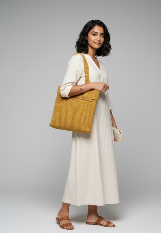 Hardal Sarısı El Örgüsü Büyük Boy Omuz Çantası