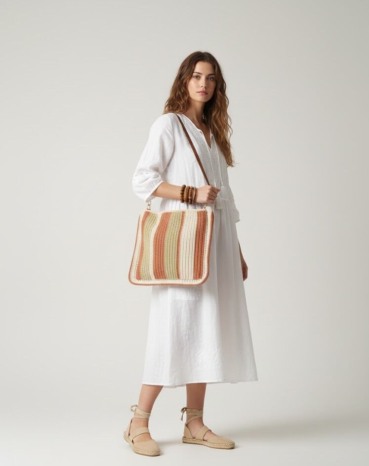 Retro Çizgili El Örmesi Omuz Çantası