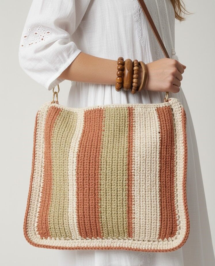 Retro Çizgili El Örmesi Omuz Çantası