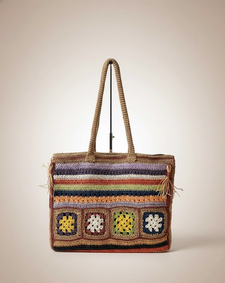 Çok Renkli El Örmesi Granny Tote Çanta