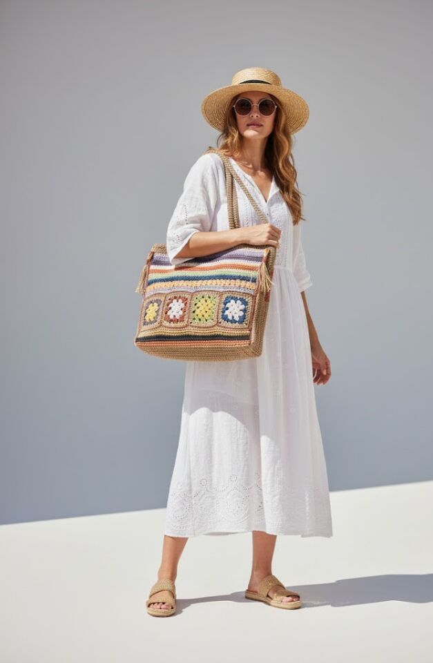 Çok Renkli El Örmesi Granny Tote Çanta