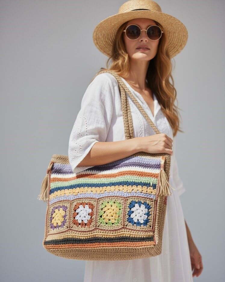 Çok Renkli El Örmesi Granny Tote Çanta