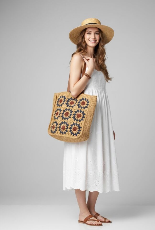 El Örgüsü Çiçek Motifli Omuz Çantası