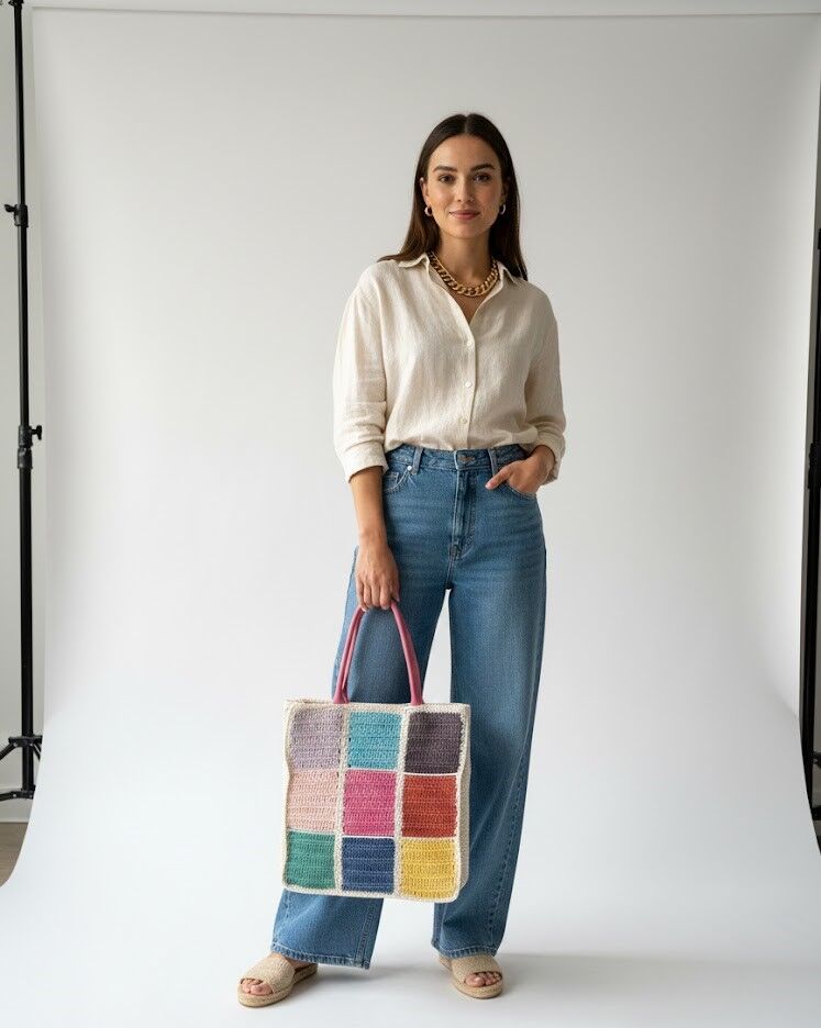 El Örgüsü Renk Bloklu Tote Çanta
