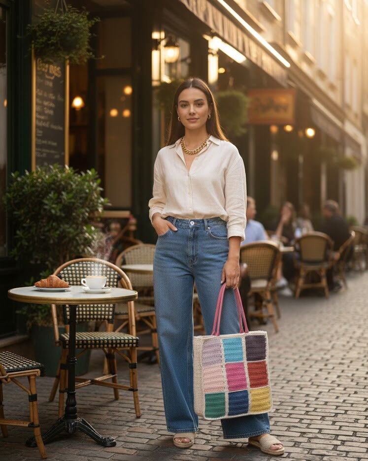 El Örgüsü Renk Bloklu Tote Çanta