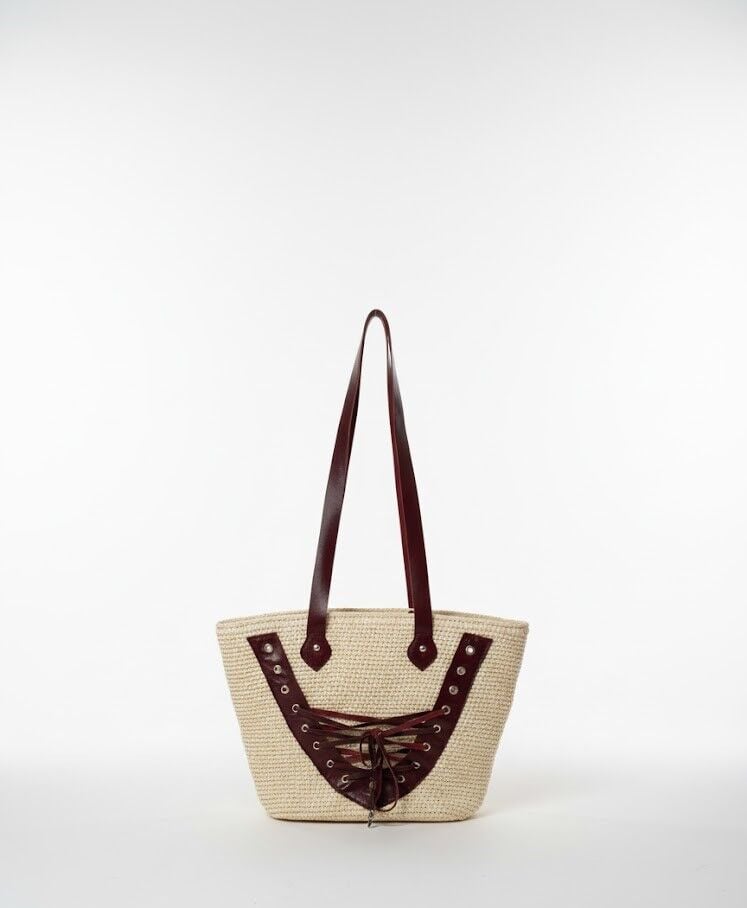 Deri Garnili ve Bağcık Detaylı Hasır Çanta