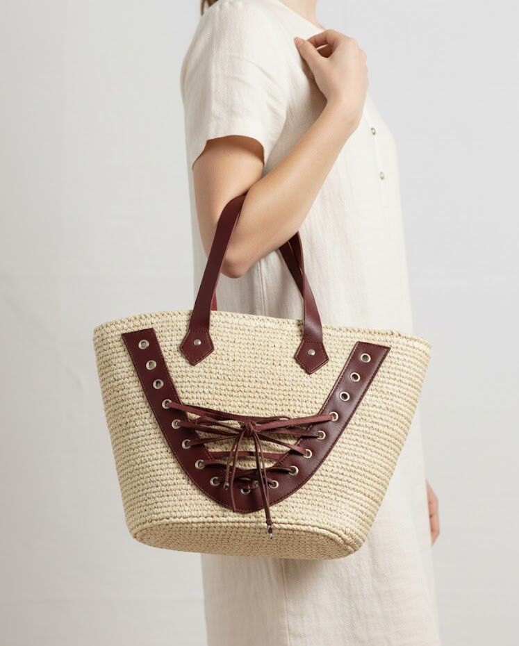 Deri Garnili ve Bağcık Detaylı Hasır Çanta