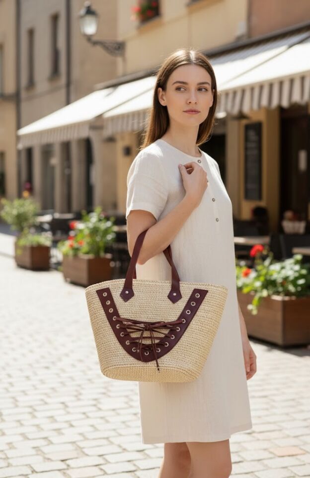 Deri Garnili ve Bağcık Detaylı Hasır Çanta